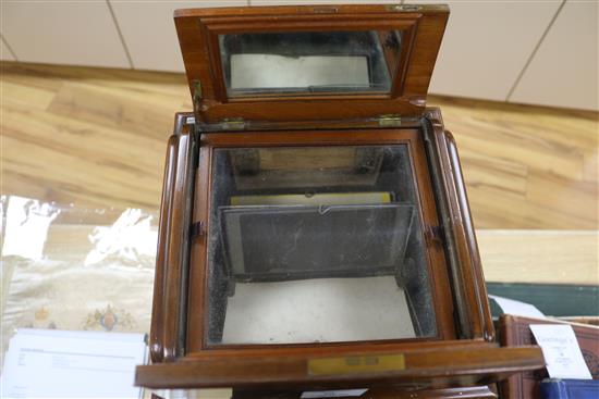 A Victorian burr walnut table top stereoscope viewer with slides/photos